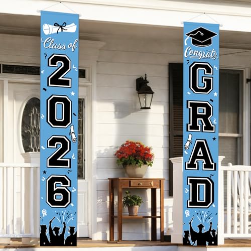 Image of Graduation Banner Class of 2026, Graduation Decorations 2026 Porch Banner, Sky Blue Congrats Grad Decorations for Door and Porch Party Supplies