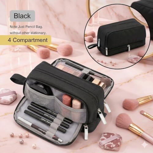 Image of Multi-Compartment Travel Makeup Organizer Bag for Women, Large Capacity Cosmetic Pouch with Multiple Zipper Compartments, Makeup Brush Holder & Mesh Pocket, Portable Toiletry Storage Bag - Black