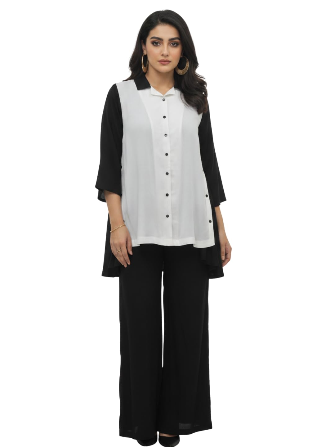 Women's Black & White Colorblock Co-ord Set with Side Button Detailing | Collared 3/4 Sleeve Top with Trousers | Smart Co-ord for Office, Casual-image-8