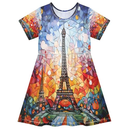 ALAZA Abstract Paris Eiffel Tower France Art Girls Dress Short Sleeve Toddler Casual Dresses Summer Sundress 2-8T