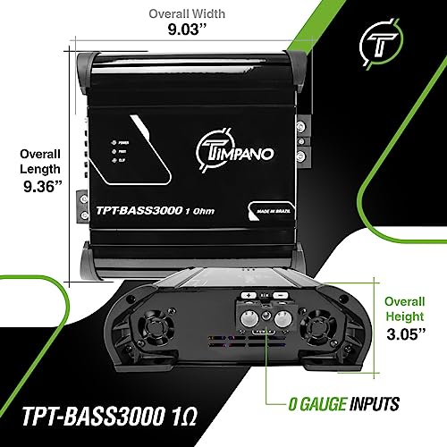 Image of Timpano Mono 3000 Watts Subwoofer Car Audio Amplifier TPT-BASS3000 1 Ohm - 12 Volts 3K Monoblock Class D Car Amp, Built-in Crossover & Bass Boost with Smart Fans