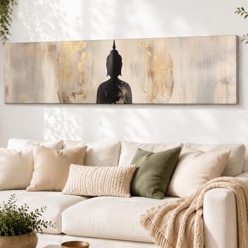Image of Large Stretched Canvas Painting, Panel Wall Painting Buddha Luxury Paintings for Home Decoration, Living room, Bedroom and Office Decor (Grey, 12x46 Inch)