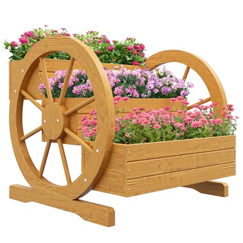 Outsunny Hochbeet aus Holz, Blumenkasten mit 3 Etagen, Gemüsebeet mit Wagenrad-Dekor, Kräuterbeet mit Entwässerungslöchern für Garten, Balkon, Teak, 61 x 62 x 57 cm