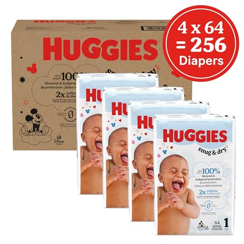 Image of Huggies Size 1 Diapers, Snug & Dry Newborn Diapers, Size 1 (8-14 lbs), 256 Count (4 Packs of 64), Packaging May Vary