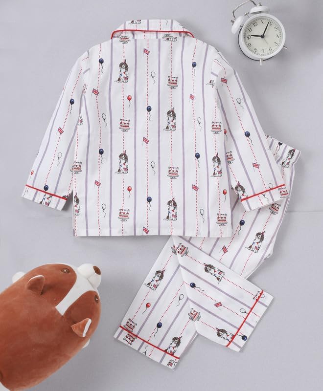 Image of Girls Premium Cotton Full Sleeves Printed Nightsuit Set | Collar Style Night Dress for Girls | Soft & Breathable Pajama Set | Trendy Kids Sleepwear & Nightwear