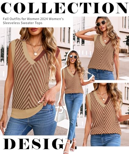 Image of MARZXIN Women Sleeveless Sweater V Neck Casual 2026 Fall Knitted Chevron V Neck Sweater Vest Color Block Pullover Sweater Top