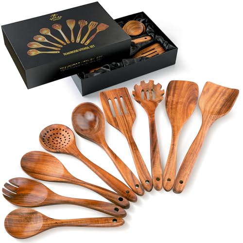 Zulay Kitchen 9-Piece Teak Wooden Utensils for Cooking - Natural Teak Utensil Set with Premium Gift Box - Non-Stick Wooden Spoons for Cooking - Kitchen Gift Set - Comfortable Grip Wooden Utensil Set