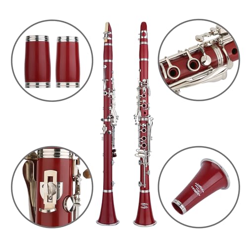Image of Glory GLY-CLARD Professional Ebonite Bb Clarinet with 10 Reeds, Stand, Hard Case, Cleaning Cloth, Mouthpiece Brush and Pad Brush,Red