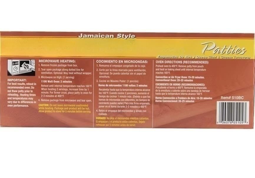 Food Delights Jamaican Style Beefy Cheese Patties are made with ground beef and real cheddar cheese. Each patty is wrapped with a flaky crust for easy hand-held snacking. 10 ct [ 50 oz, 3.12 lb ]