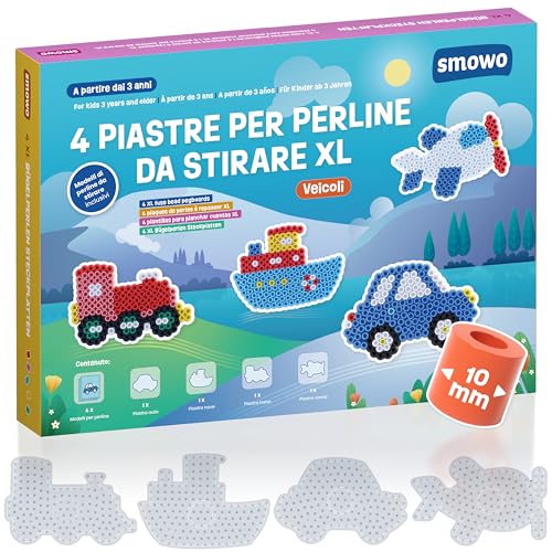 Smowo® 10 mm Basi per Perline da Stirare Veicoli – Kit con 4 Basi e Modelli Auto, Nave, Treno, Aereo – Grandi Basi Maxi per Bambini dai 3 Anni