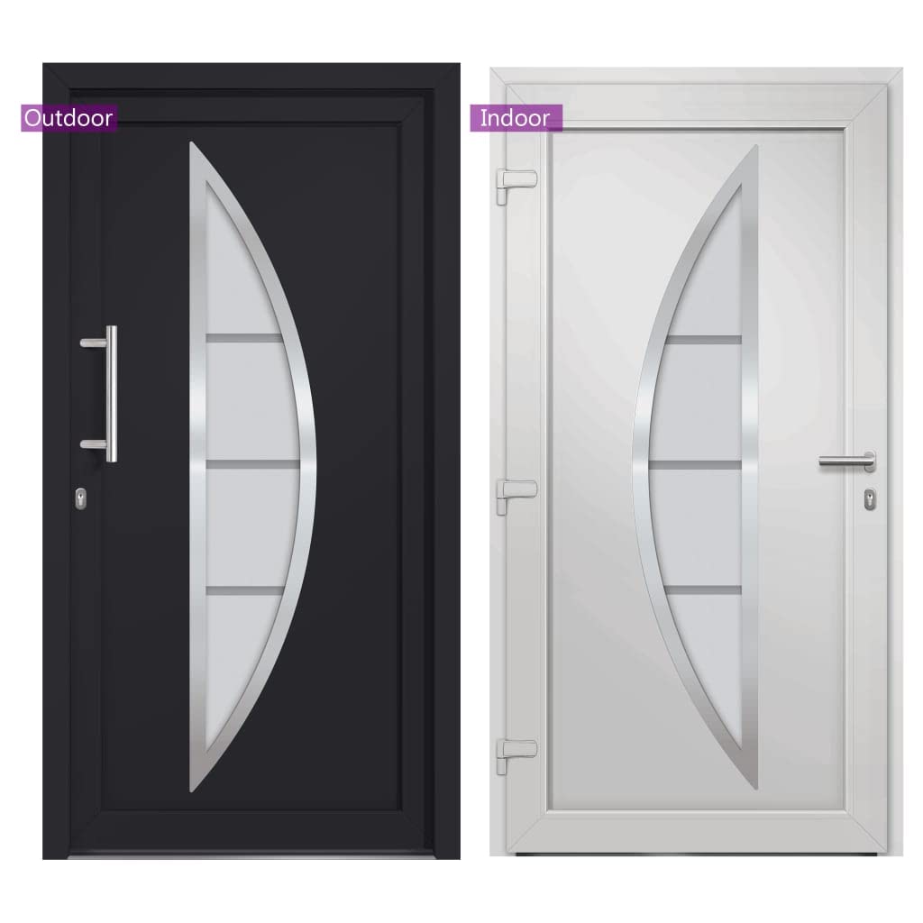 Puerta de entrada antracita 88 x 200 cm con cierre de 5 puntos, acristalamiento aislante, umbral de aluminio, marco de plástico, incluye juego de asas, cilindro de perfil, cinta de sellado