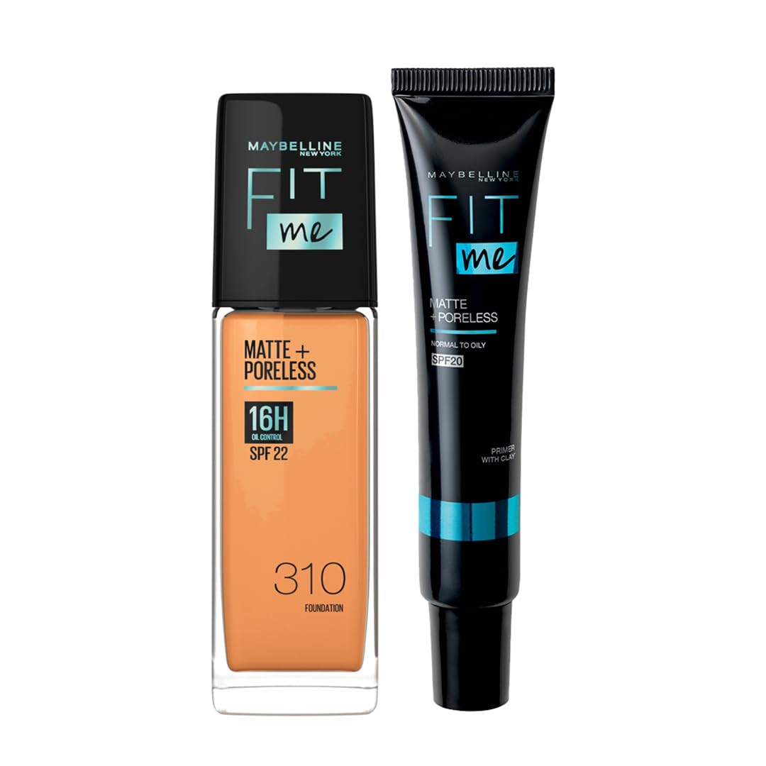 Maybelline New York 16 Hr Matte Base Duo, Prep + Blend Makeup Combo, Fit Me Foundation 310 (30Ml)+ Fit Me Matte + Poreless Primer (30Ml), Full, Drop, All Skin Type
