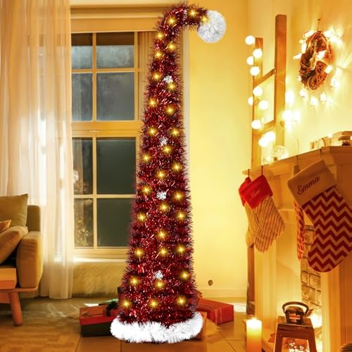 Árvore de Natal artificial dobrável de 150 cm, com uma grinalda de luzes quentes de 5 metros de comprimento, dobrável e desmontável, árvore de Natal artificial com pescoço curvo vermelho (C)