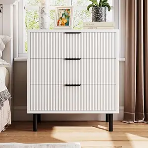 GarveeHome White Fluted 3 Drawers Dresser, Wide Wood Chest of Drawers, Modern Storage Dresser Chest of Drawers Organizer with Metal Legs and Anti-Tipping Device for Bedroom Living Room