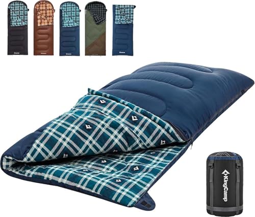KingCamp Cotton Flannel Sleeping Bag, Envelope Sleeping Bags for Adults Cold Weather, 75x33 Extra Large, Water Resistant Sleeping Bags for Camping Backpacking and Hiking All Seasons, Navy Right 5lbs
