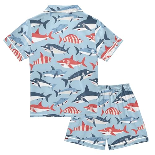 ALAZA Cute Fish on Blue Satin Pajamas Set Short Sleeve Button Down Sleepwear Summer Pjs 2 Piece2