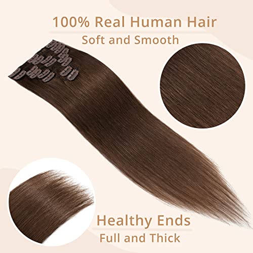 TESS Clip in Hair Extensions Real Human Hair Brown Remy Seamless 8 Pieces Straight for Women/Girls (#04 Medium Brown, 12 Inch 55g) - Image 2