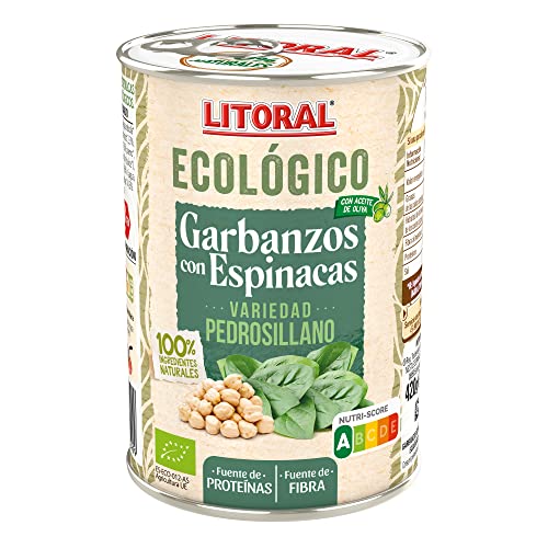 Litoral Garbanzos Ecológicos con Espinacas - Plato Preparado Sin Gluten- Pack de 10x420g - Total: 4.20kg