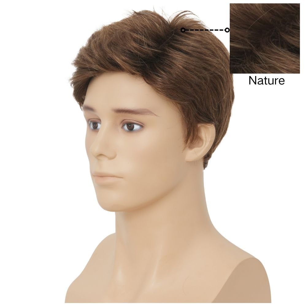 Salaibs Brown Short Wigs for Men Natural Layer Male Hair Syntehtic Heat Resistant Fiber Daily Wig Cap, 10 inches x 2 inches - Image 3