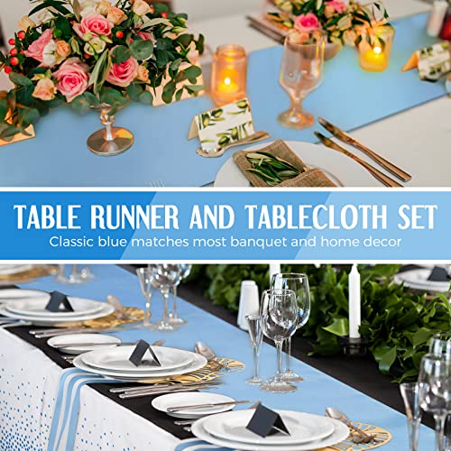 Image of Breling 8 Pack Winter Baby Blue and White Disposable Plastic Tablecloths and Satin Table Runner Set, 54 x 108 Inch Tablecloth, 12 x 108 Inch Table Runners for Wedding Birthday Baby Shower New Year