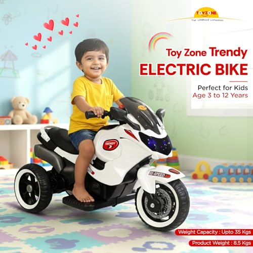 Image of Toyzone Trendy Bike White | Rechargeable Bike 6V | Powered by 6.5 AH Battery | Music Player with Bluetoooth & USB | 6 Month Battery Warranty | Make in India | for Kids 2+ Years