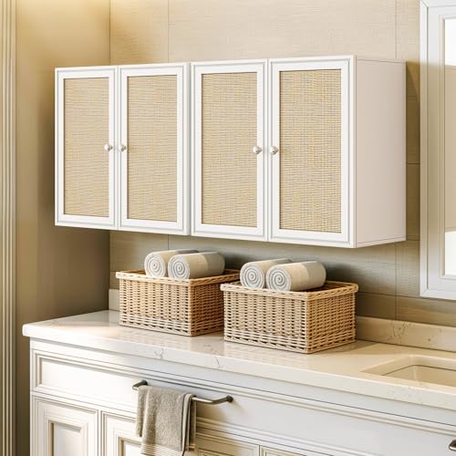 Image of Laundry Room Cabinets with Lights, 24INCH Bathroom Cabinets Wall Mounted with Adjustable Shelves, Rattan Wall Cabinet for Bedroom, Kitchen, Bathroom (2PCS, White)
