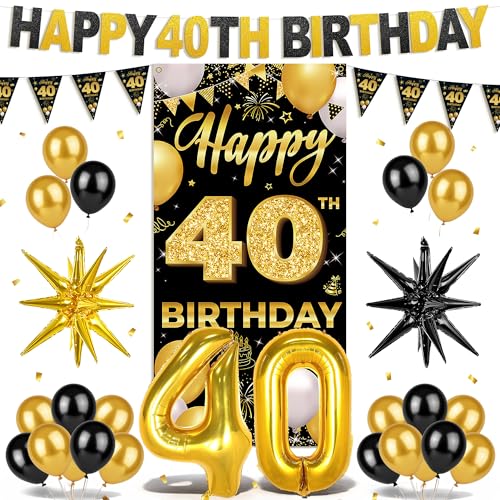 HTDZZI Black and Gold Happy 40th Birthday Decorations for Women Men, 40 Year Old Party Supplies with Fabric Backdrop, Balloons, Pre-strung Banner, Triangle Pennants, Photo Booth Decor Indoor Outdoor