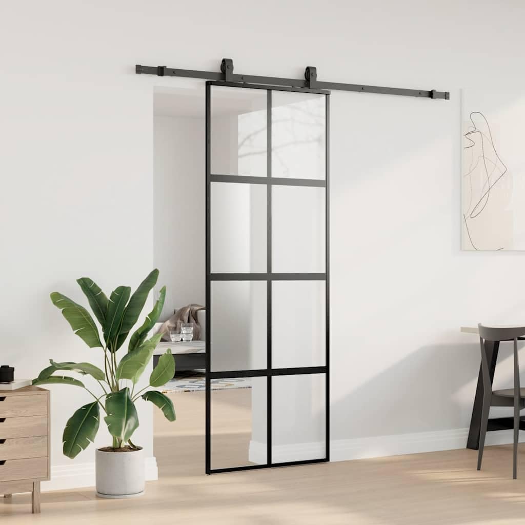 Puerta corredera con herrajes negro 76x205 cm vidrio templado, puerta corredera vidrio