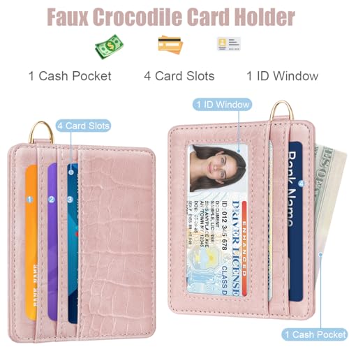 Image of Slim Credit Card Holder Crocodile Wallet Women Thin Wallets | Alligator Print RFID Blocking Minimalist Lightweight Pocket Small Cute Cards Holders ID Window, Pink Croc