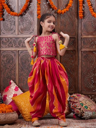 Pspeaches Girl's Cotton 1 Dhoti, 1 Kurta (Dh-Magentabrocade-6-7Y_Orange
