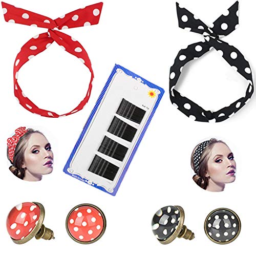 PPX 2 Pcs Polka Dot Hairband + 2 Pairs Polka Dot Ear Studs Earrings Rockabilly Earrings [Red - Black] and 60 pcs Black Metal Wavy Hairgrips for Women, Hair Accessories | hair bands