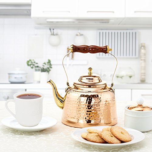 Old Dutch Hammered Copper Tea Kettle with Brass Spout and Wooden Handle, 2 qt. - Thumbnail 2