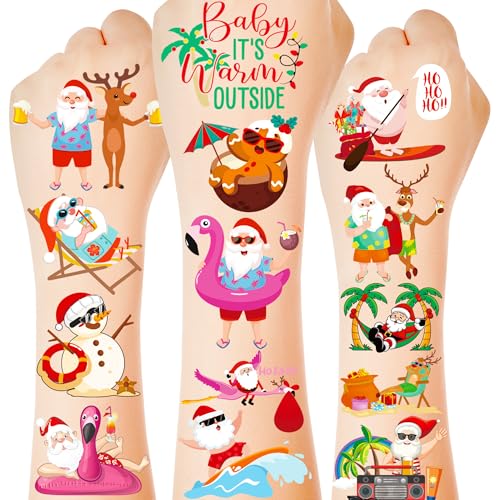 150 PCS Christmas July Tattoos Summer Christmas Tropical Luau Temporary Tattoos Hawaiian Santa in July Stickers for Funny Summer Beach Flamingo Party Favors Decorations Supplies