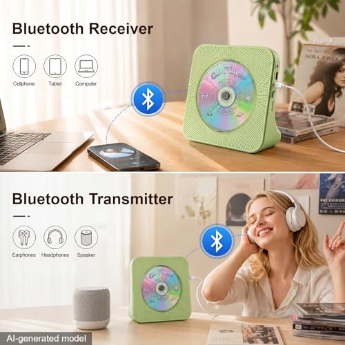 Image of Gueray CD Player Portable Bluetooth Desktop CD Player for Home with Timer Built-in HiFi Speakers with LCD Screen Display Boombox FM Radio USB Type-c (Green)