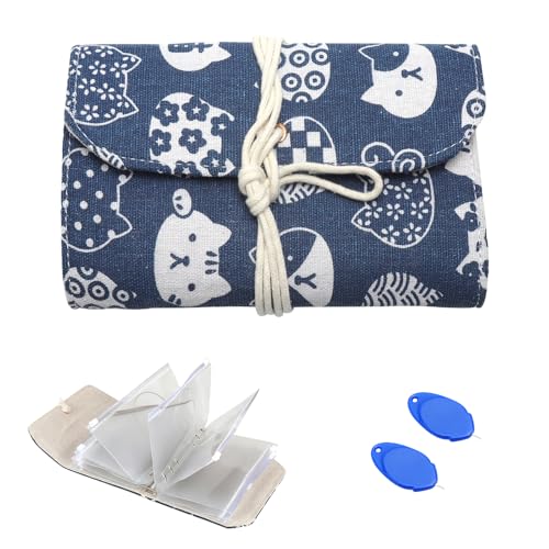 Sac rangement aiguilles à tricoter – Pin Bag organisateur avec 11 pochettes zippées étanches, trousse de rangement compacte A6, design chat bleu avec 2...