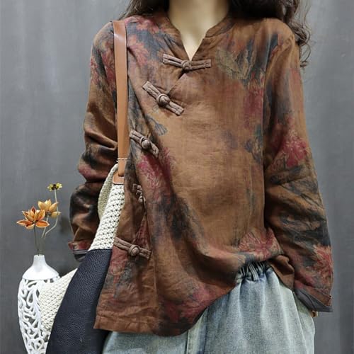 Women's Retro Linen Oversized Blouses Chinese Loose fit Floral Pattern Jackets Traditional Frog Button Stand Collar Shirts4