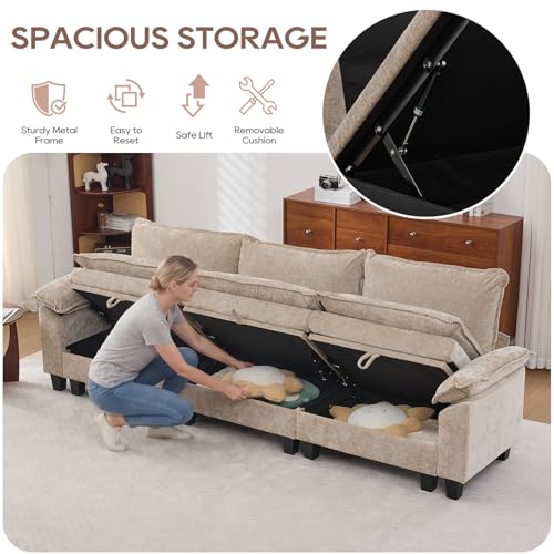 Image of IPKIG 117 inch Modular Cloud Couch with Storage, C Shaped Sectional Sofa | 3 Seater Khaki Chenille Deep Seat Sectional Couches with Ottoman and Pillow for Living Room, Apartment