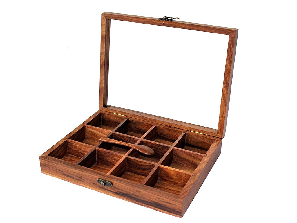 Khan Handicraft 12-Section Partition Wooden Spice Box Jar with Unique Lock Table Top Masala Dabba with Spoon (Brown)