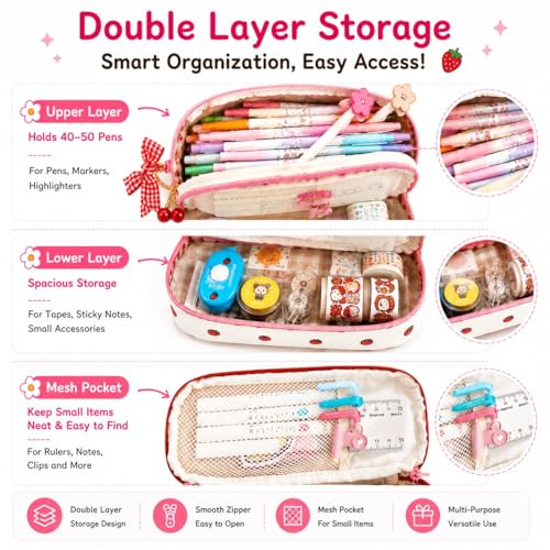 Image of Cute Kawaii Strawberry Pencil Case for Girls - Large Capacity Double Layer PU Leather Pencil Pouch & Stationery Organizer for Aesthetic School Supplies, Travel, Office & Gifts