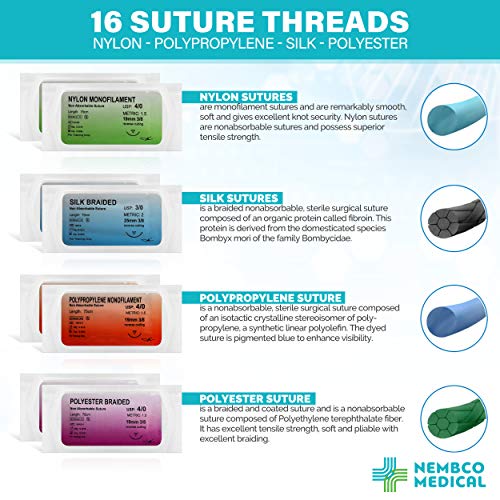 Suture Practice Kit for Medical Students - Suture Kit Includes Tool Kit, Large Silicone Suture Pad with Pre-Cut Wounds, and Mixed Suture Threads with Needles