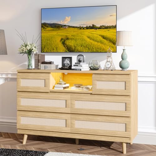 GarveeHome Natural Rattan Dresser for Bedroom with LED Light and Charging Station, 6 Drawer Double Dressers, Modern Wooden Dresser Chest, Beside Table