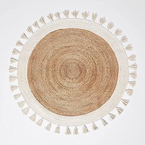 Avgari Creation AVG Rug Round Natural Beige Designer Border With Tassel Jute Area Rug Hand Braided Rugs (60 x 60 Cm, Beige + White) Cover