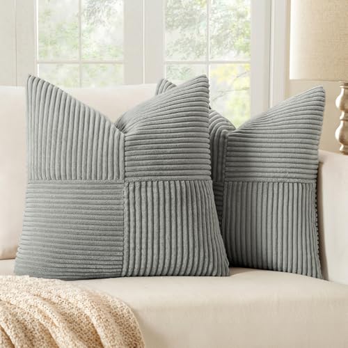 Image of MIULEE Silver Grey Decorative Throw Pillow Covers 20x20 Inch for Couch Bed Sofa Pack of 2 Boho Farmhouse Throw Pillows Soft Cross Corduroy Patchwork Textured Cushion Cases