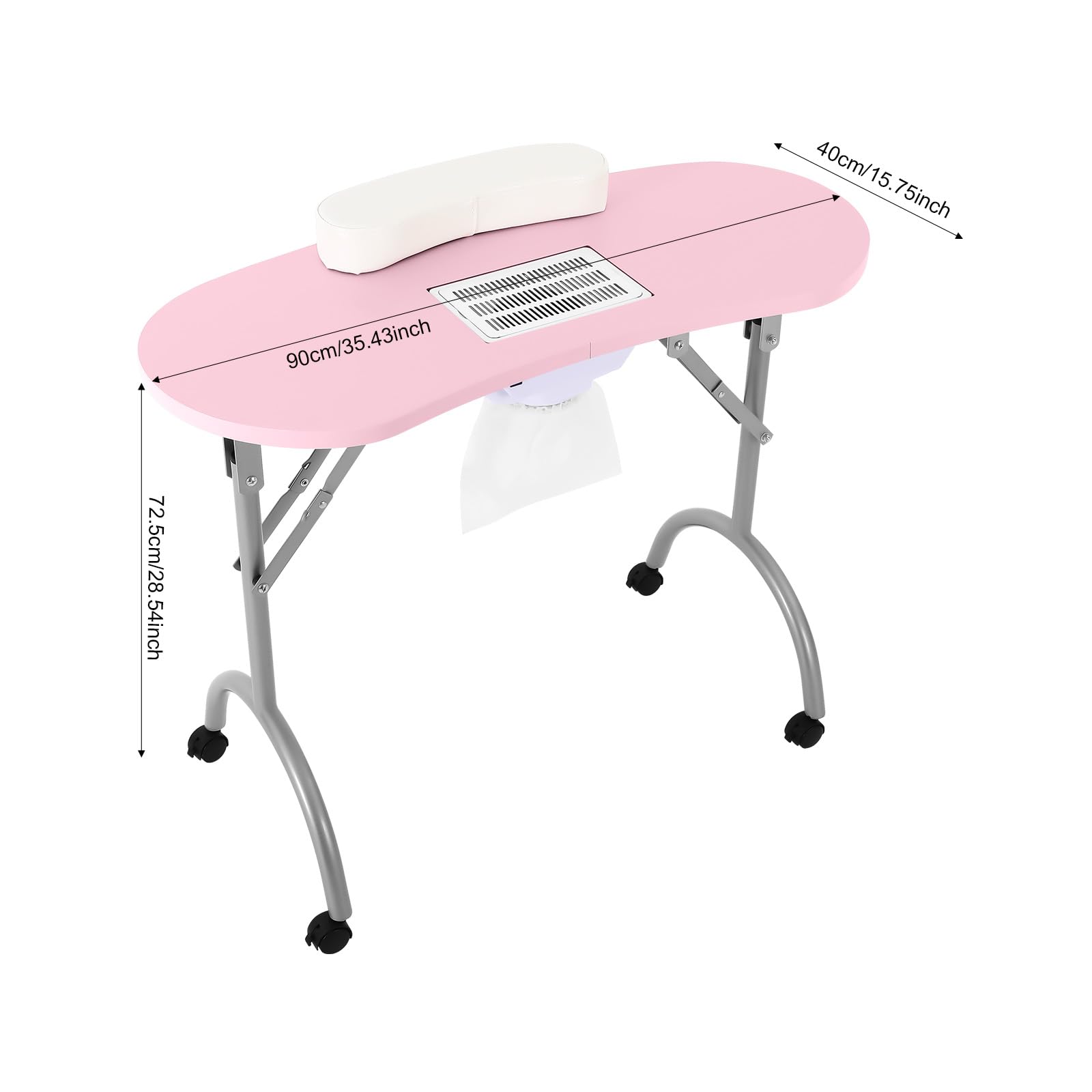 Przenośny składany stół do manicure z uniwersalnymi kółkami, odpowiedni do domu, salonu paznokci, salonu piękności, biura, kolor różowy, z przyssawką i akcesoriami do czyszczenia paznokci