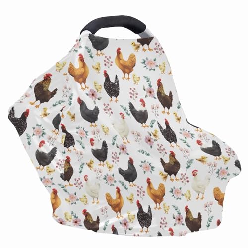 Image of Binienty Babies Car Seat Cover - Rooster Floral Car Seat Covers for Baby Girls Boys Stretchy Multi-Use Breastfeeding Scarf for Moms, Newborn Essentials Baby Shower Gifts