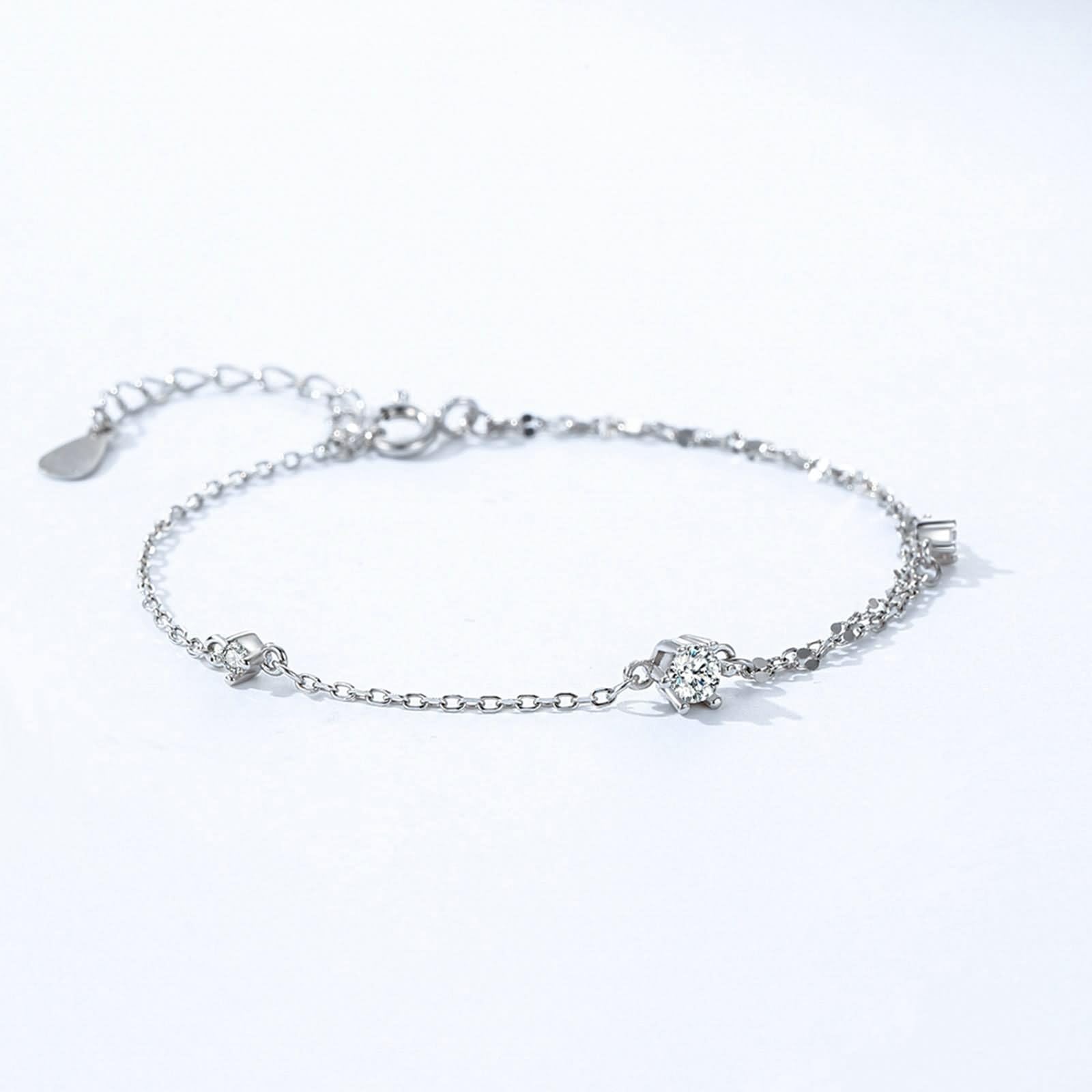 Pulsera de plata, joyería para mujer, pulsera de una sola cara, cadena de doble capa con moissanita, oro blanco de 9 quilates, 16 + 5 cm