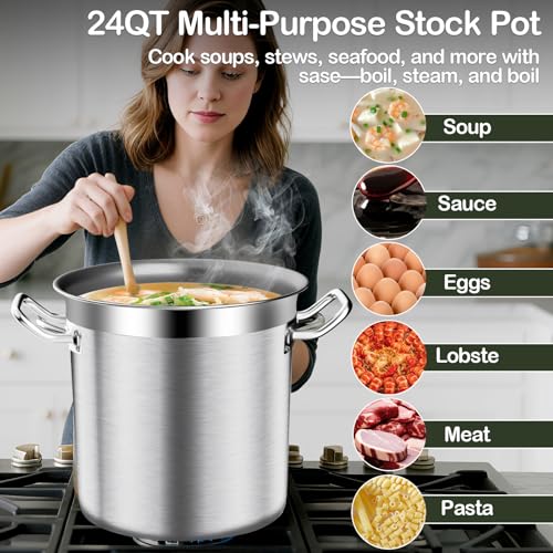 Image of Stainless Steel Stock Pot-24QT Heavy Duty Induction Cooking Pot with Lid, Commercial Grade Stock Pot & Stockpots for Boiling Cooking Soup Stew Canning Cooking Pots, Deep Cookware, Big Stockpot