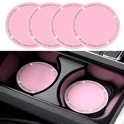 4 Pack Bling Car Coasters, 2.75 Inch Bling Crystal Rhinestone Soft Rubber Universal Anti-Slip Glitter Cup Mats Auto Cup Holder Insert Drink Coaster Car Interior Decoration For Women Girls Pink #TOP4