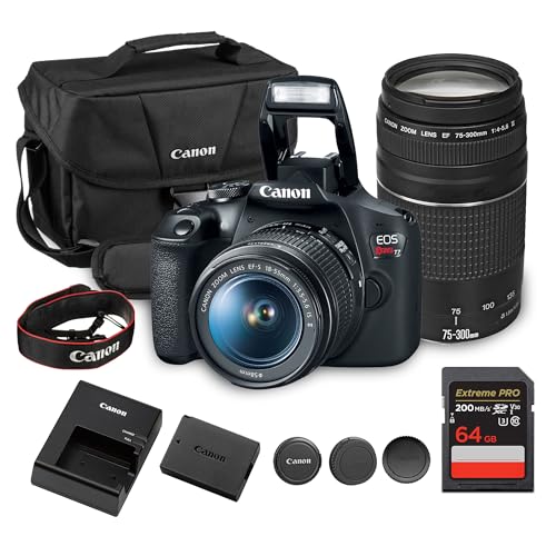 Canon EOS Rebel T7 DSLR Camera Kit | 24.1MP APS-C Sensor with EF-S 18-55mm & 75-300mm Lenses | Full HD 1080p Video Compact Beginner-Friendly Photography (2727C002) + Bag + 64GB Card