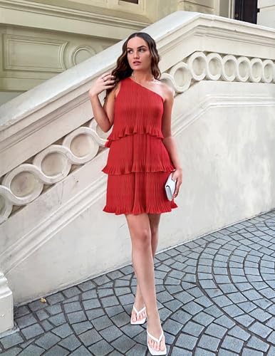 Image of ZESICA Women's 2025 Summer Sleeveless Mini Dress Boho One Shoulder Ruffle Tiered Layered Flowy A Line Dresses